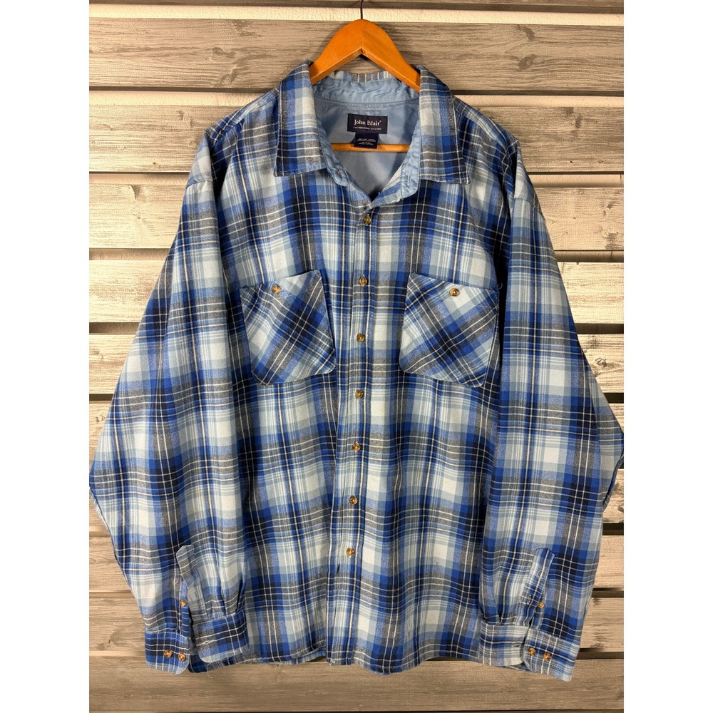 Vintage 90s John Blair Mens 3XL Tall 3XLT Blue Plaid Flannel Button Down Shirt